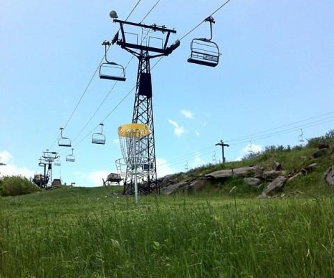 Disc golf tee located below the chair lift at Beech Mountain Resort.